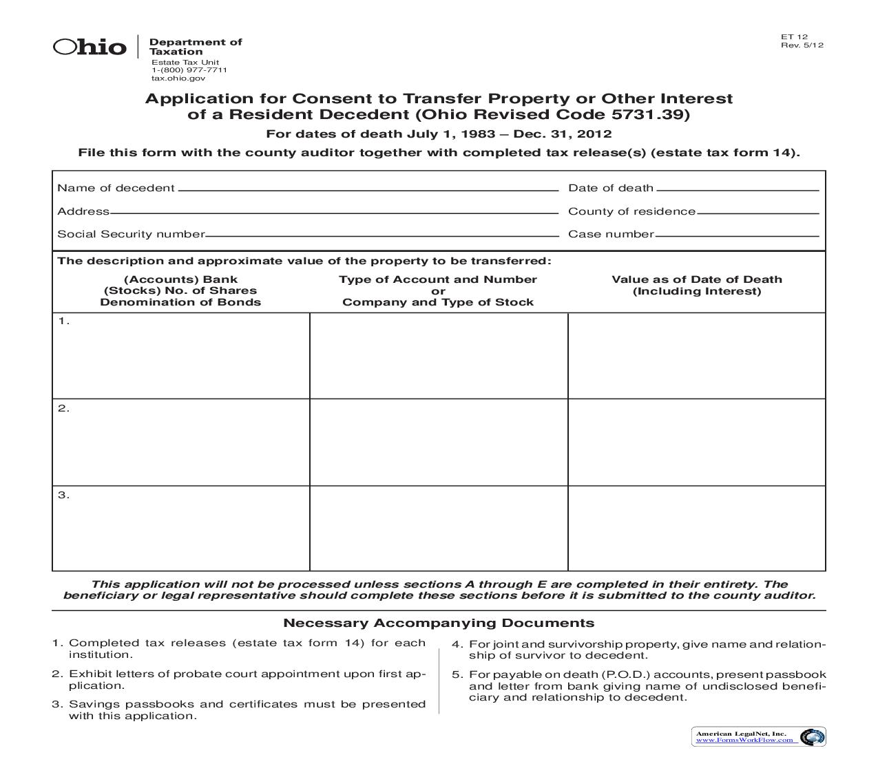 Application For Consent To Transfer Property Or Other Interest Of Resident Decedent {12} | Pdf Fpdf Doc Docx | Ohio
