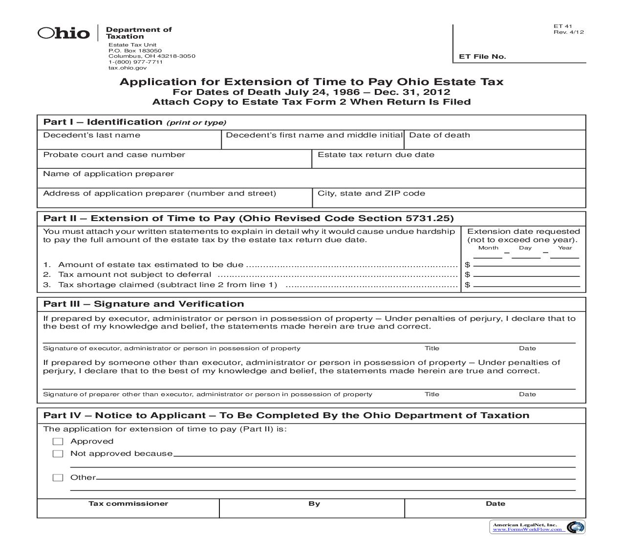 Application For Extension Of Time To Pay Ohio Estate Tax  {41} | Pdf Fpdf Doc Docx | Ohio