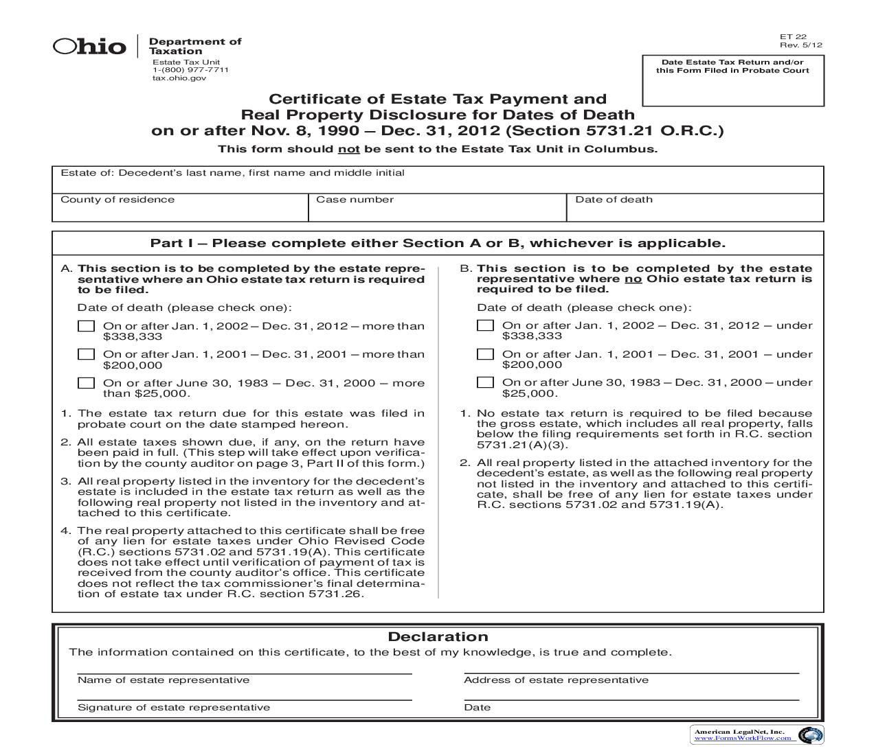 Certificate Of Estate Tax Payment And Real Property Disclosure {22} | Pdf Fpdf Doc Docx | Ohio