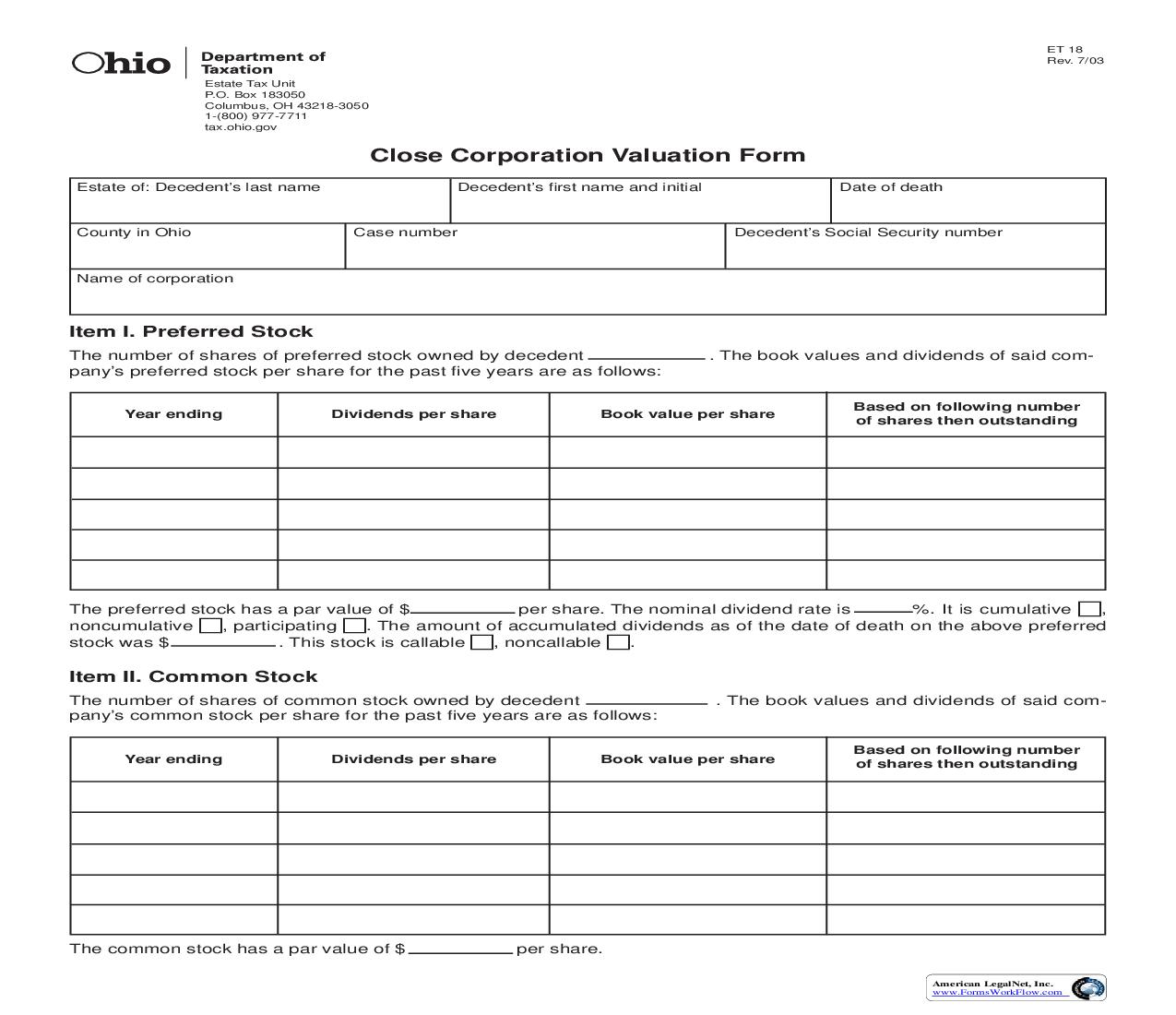 Close Corporation Valuation Form {18} | Pdf Fpdf Doc Docx | Ohio