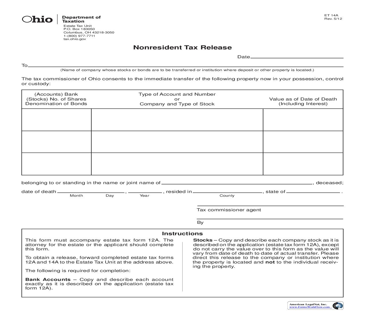 Non Resident Tax Release {14-A} | Pdf Fpdf Doc Docx | Ohio