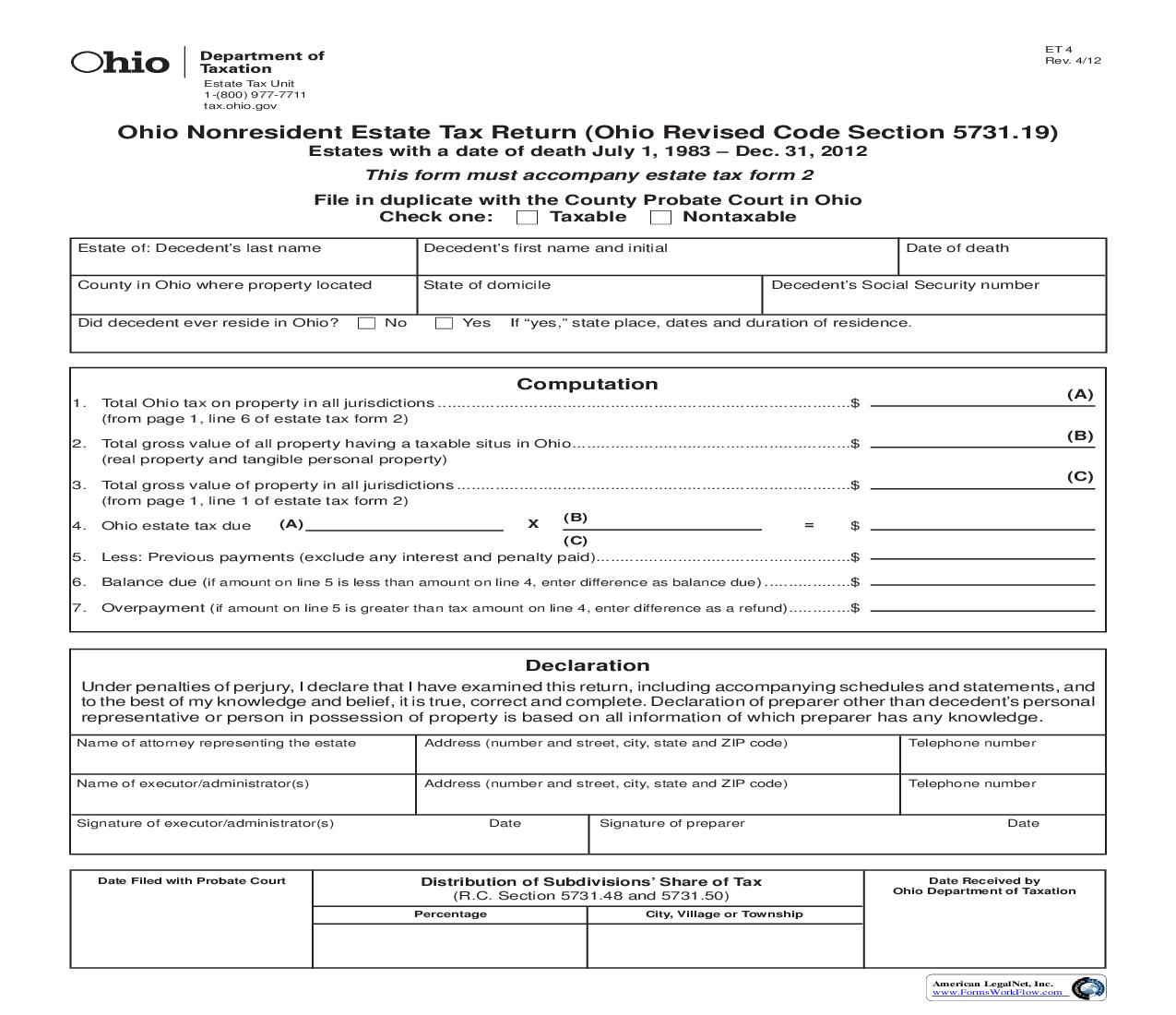 Ohio Non Resident Estate Tax Return {4} | Pdf Fpdf Doc Docx | Ohio