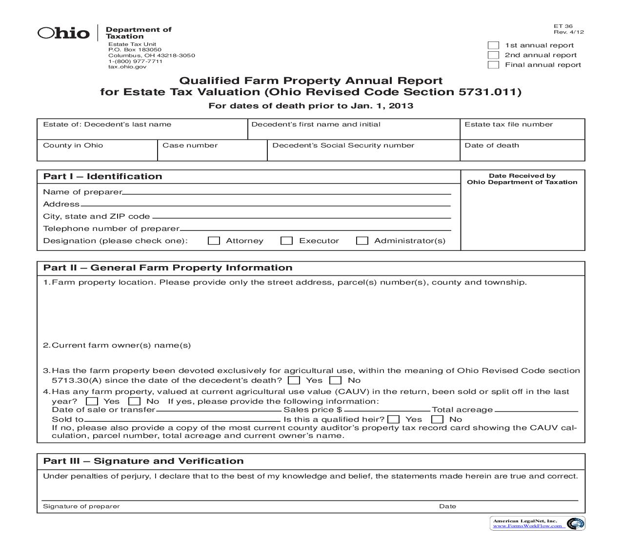 Qualified Farm Property Annual Report For Estate Tax Valuation {36} | Pdf Fpdf Doc Docx | Ohio