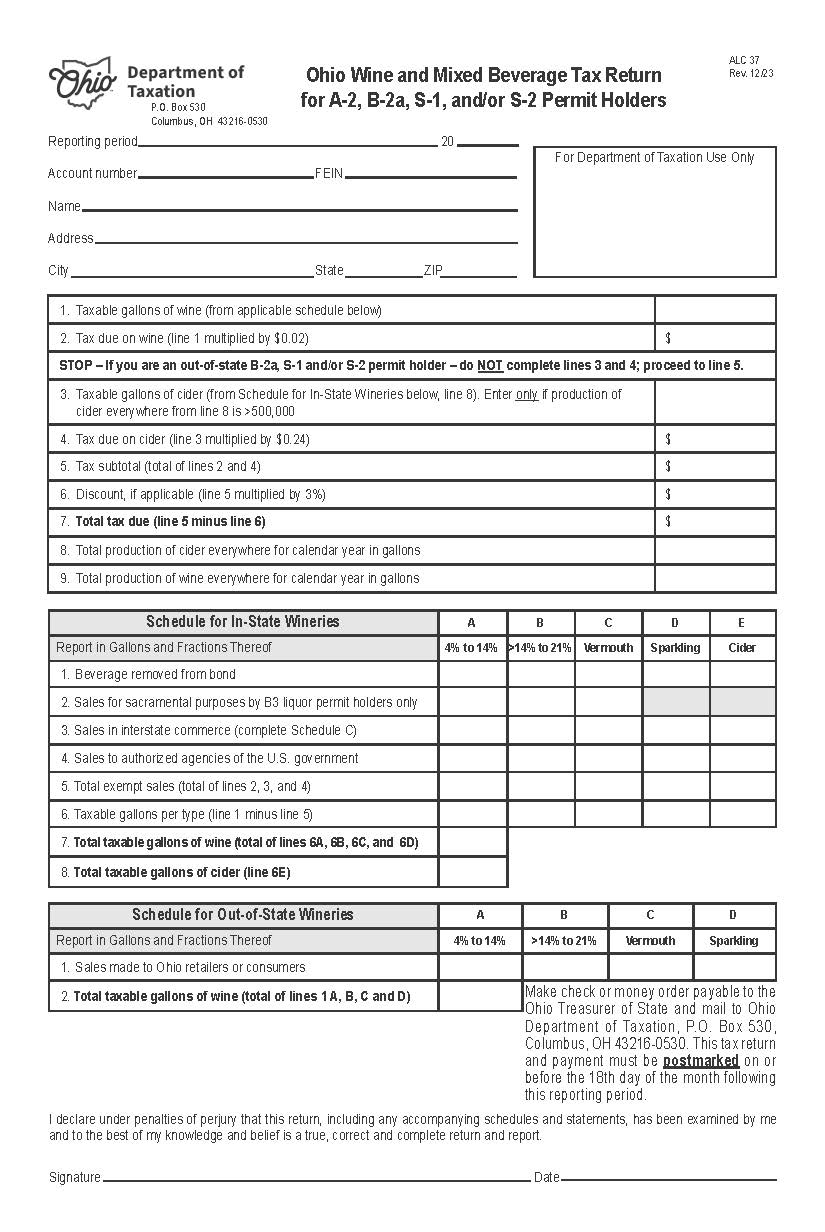 Wine And Mixed Beverage Tax Return For A2 B2a And Or S Permit Holders {ALC 37} | Pdf Fpdf Doc Docx | Ohio