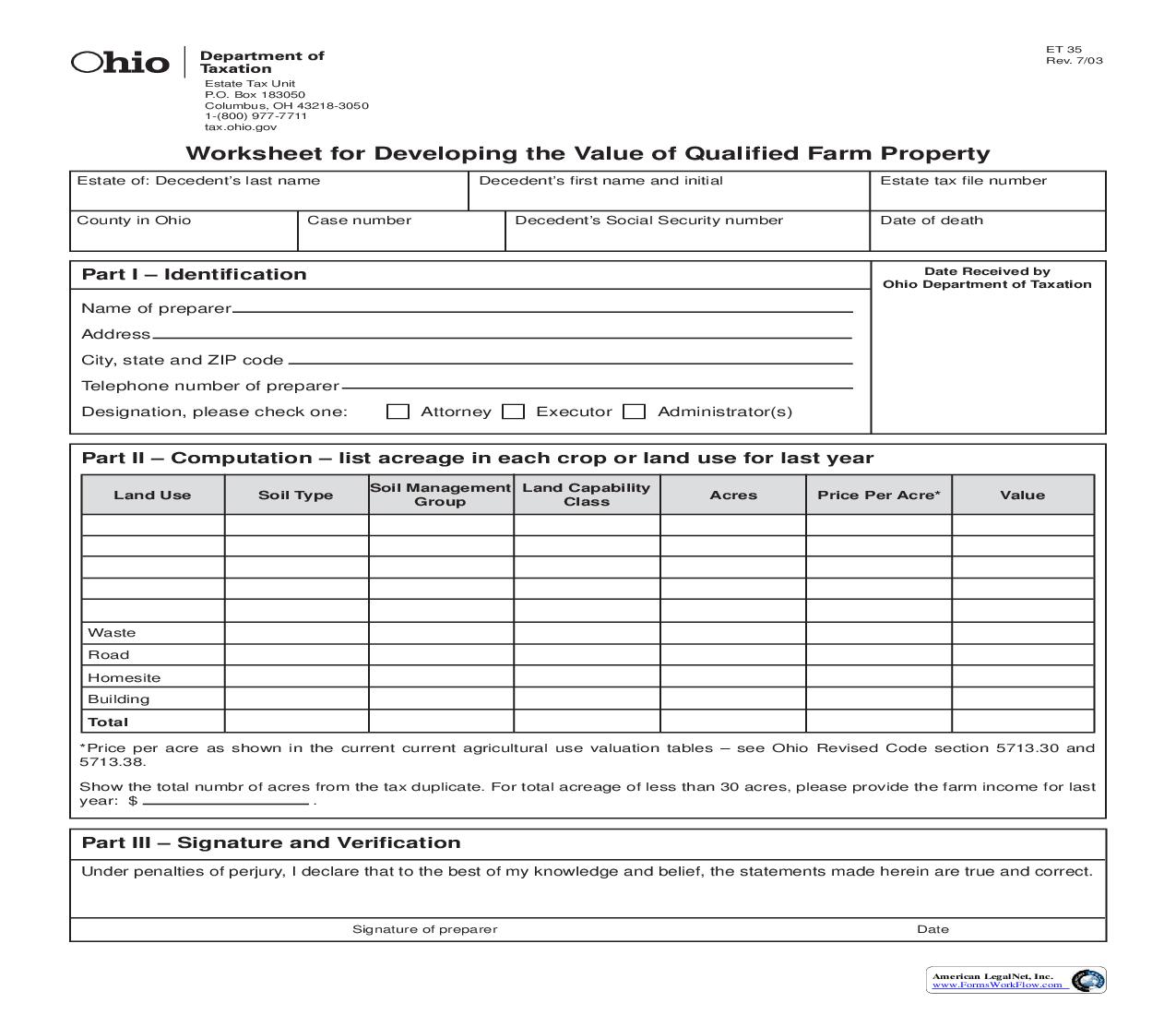 Worksheet For Developing The Value Of Qualified Farm Property {35} | Pdf Fpdf Doc Docx | Ohio