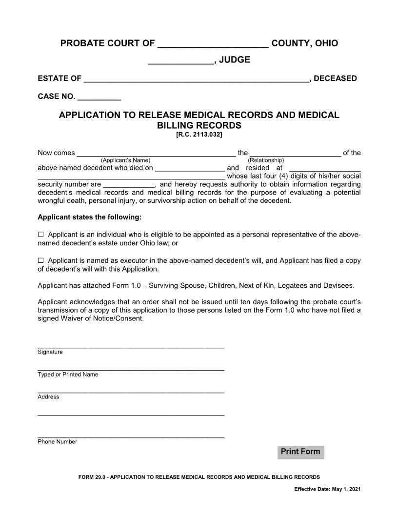 Application To Release Medical Records And Medical Billing Records {29.0} | Pdf Fpdf Docx | Ohio