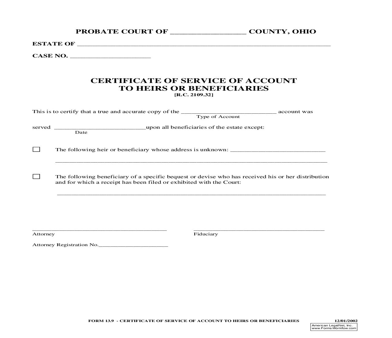 Certificate Of Service Of Account To Heirs Or Beneficiaries {13.9} | Pdf Fpdf Doc Docx | Ohio