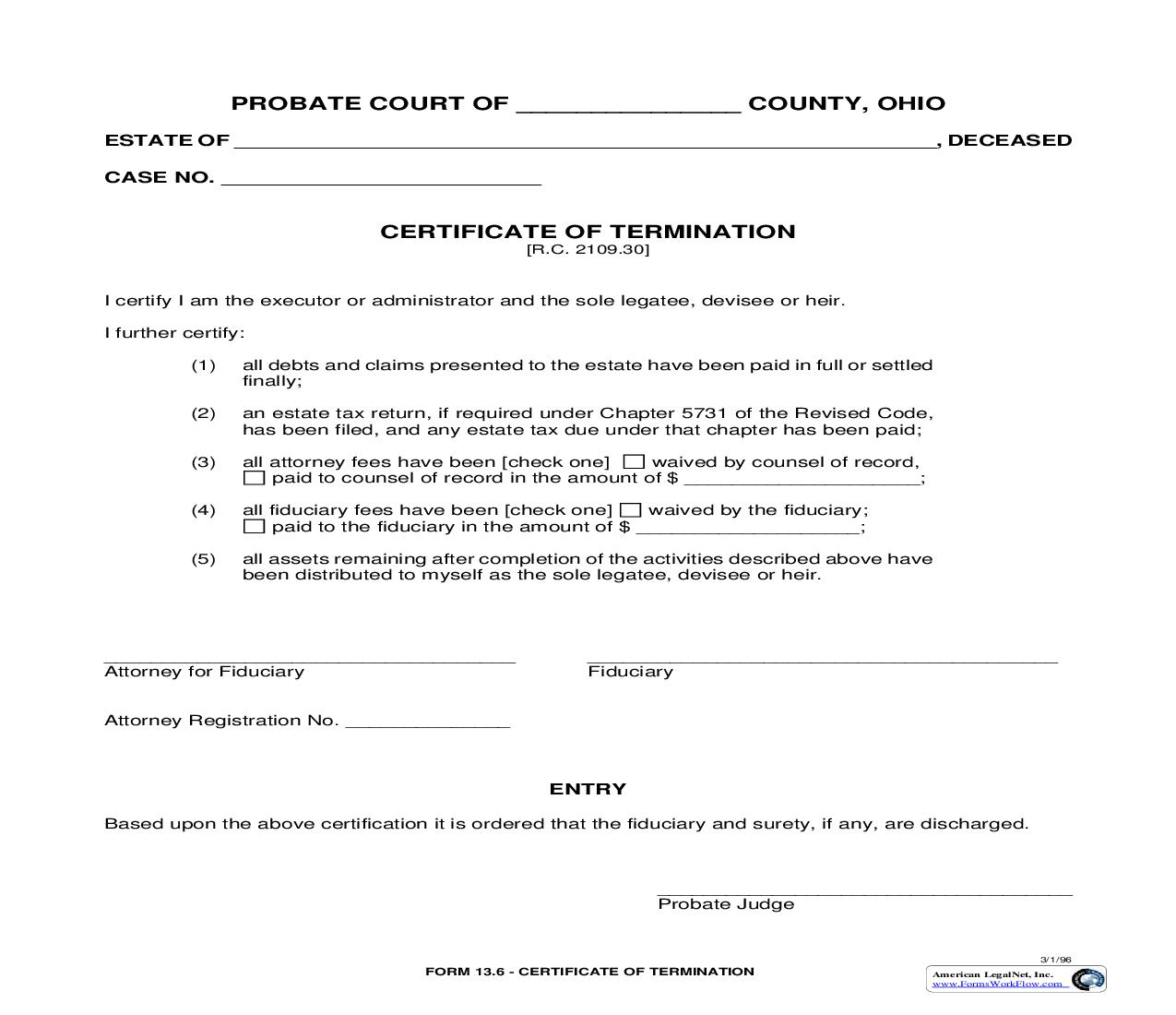 Certificate Of Termination {13.6} | Pdf Fpdf Doc Docx | Ohio