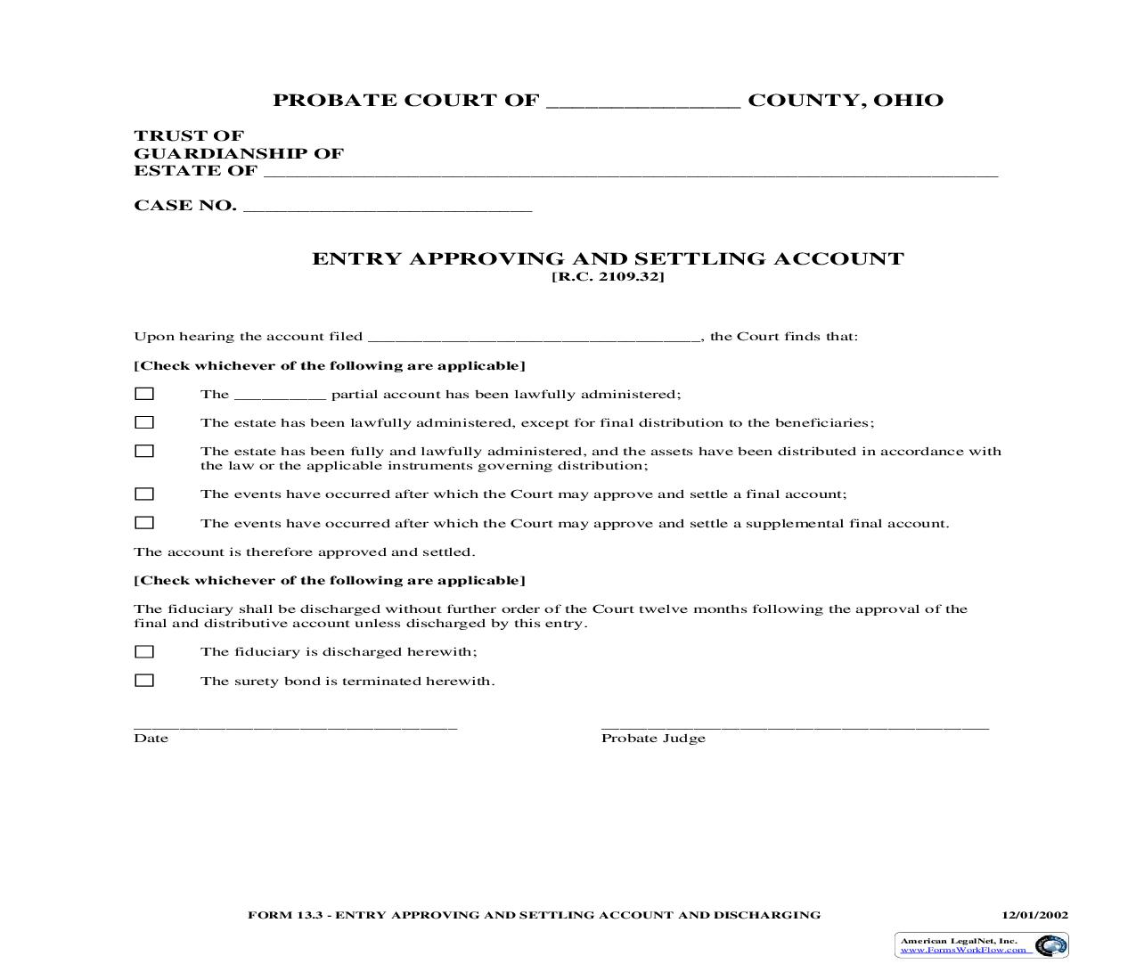 Entry Approving And Settling Account {13.3} | Pdf Fpdf Doc Docx | Ohio