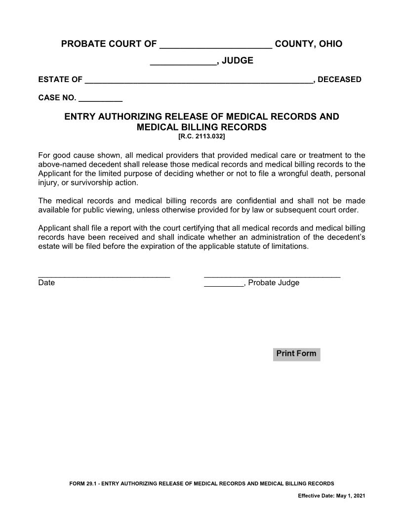 Entry Authorizing Release Of Medical Records and Medical Billing Records {29.1} | Pdf Fpdf Docx | Ohio