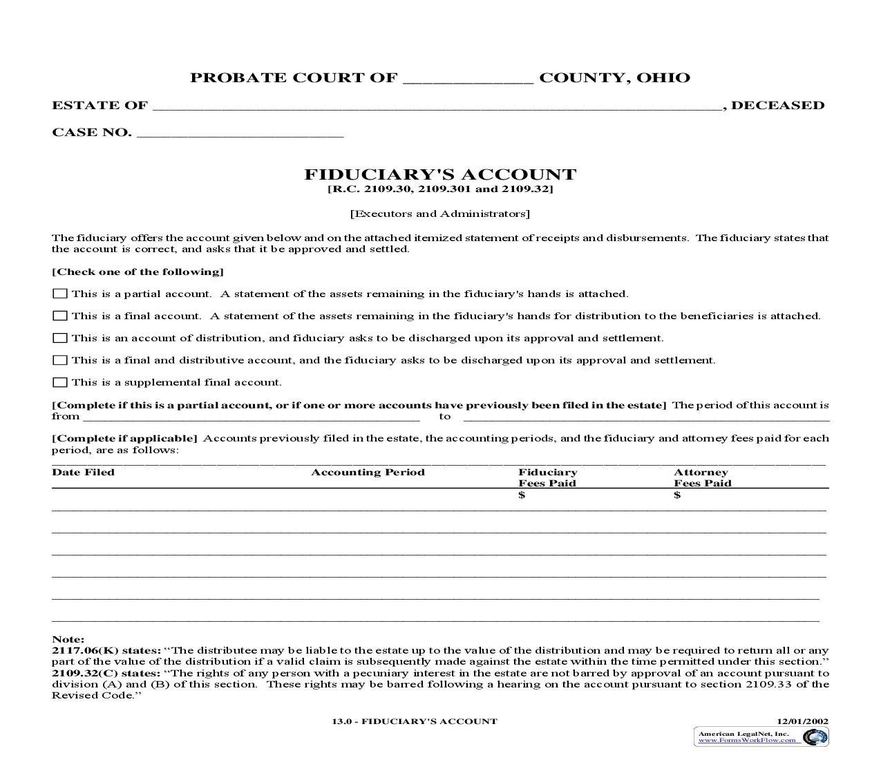 Fiduciarys Account (Executors And Administrators) {13.0} | Pdf Fpdf Doc Docx | Ohio