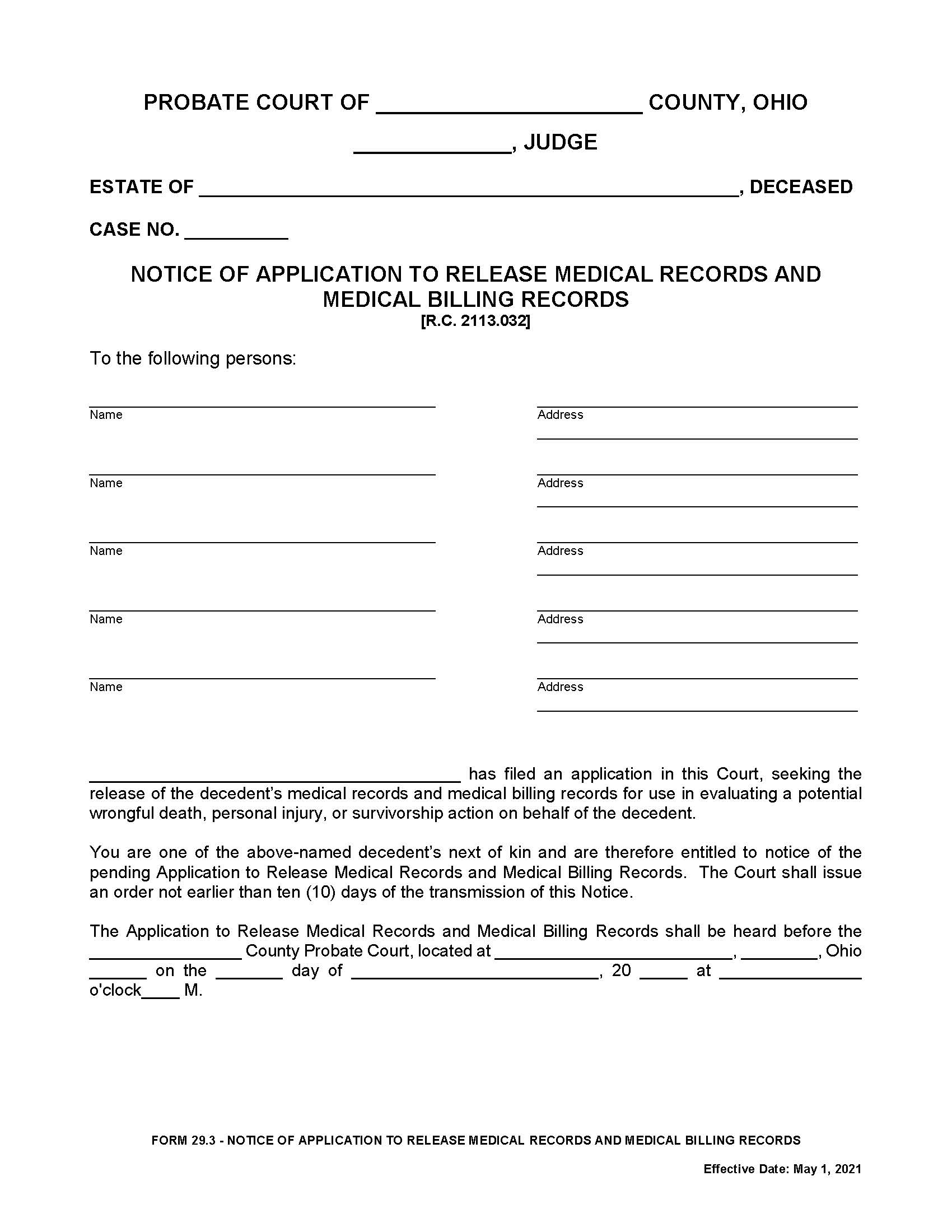 Notice Of Application To Release Medical Records And Medical Billing Records {29.3} | Pdf Fpdf Docx | Ohio