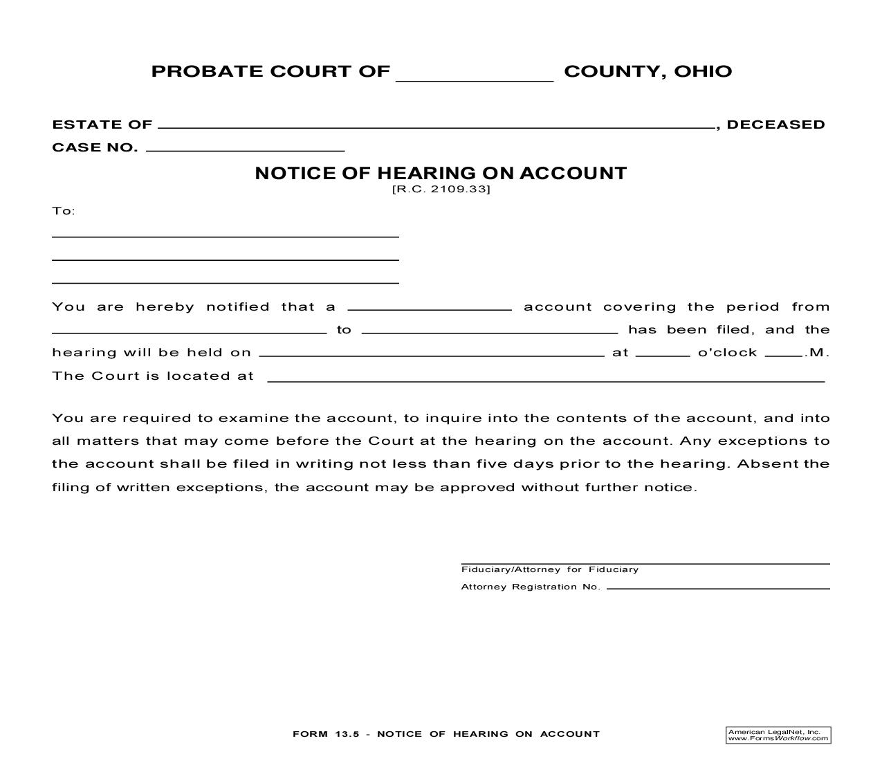 Notice Of Hearing On Account {13.5} | Pdf Fpdf Doc Docx | Ohio