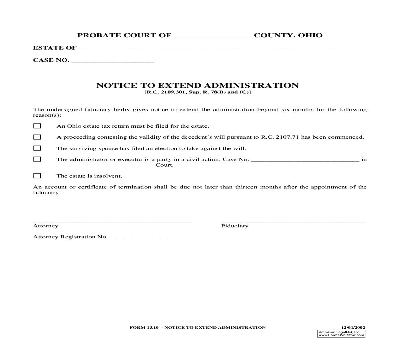 Notice To Extend Administration {13.10} | Pdf Fpdf Doc Docx | Ohio