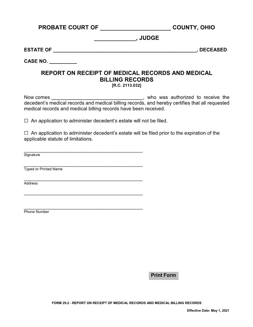 Report On Receipt Of Medical Records And Medical Billing Records {29.2} | Pdf Fpdf Docx | Ohio