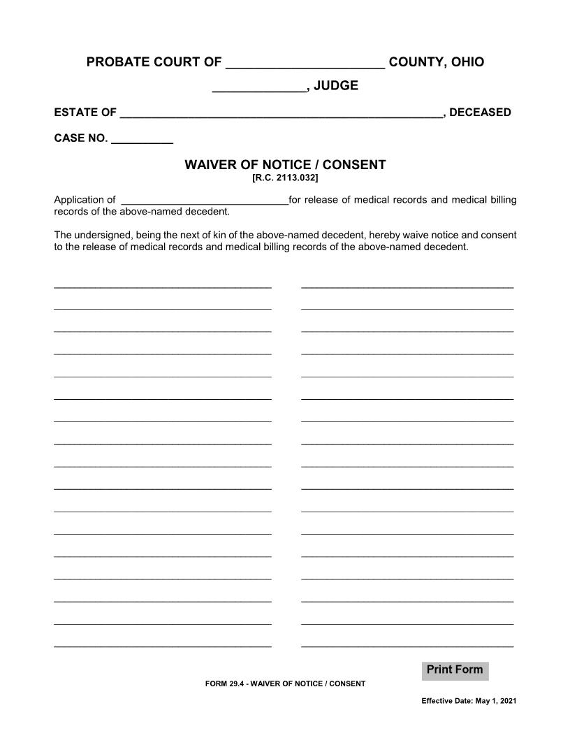 Waiver Of Notice Consent (Medical Records) {29.4} | Pdf Fpdf Docx | Ohio