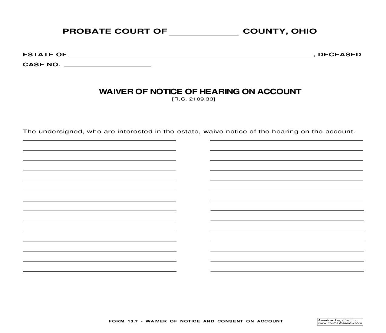 Waiver Of Notice Of Hearing On Account {13.7} | Pdf Fpdf Doc Docx | Ohio