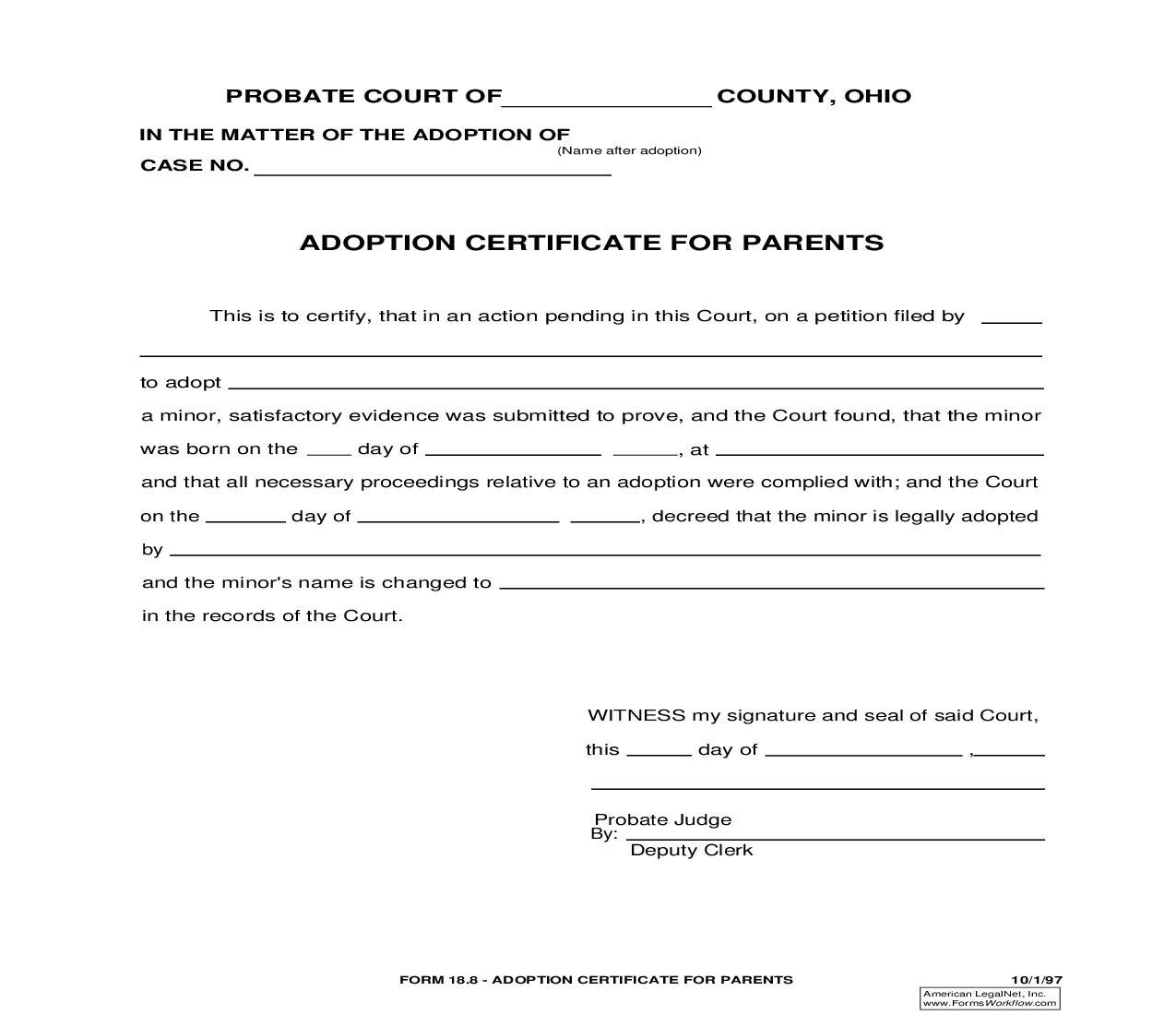 Adoption Certificate For Parents {18.8} | Pdf Fpdf Doc Docx | Ohio