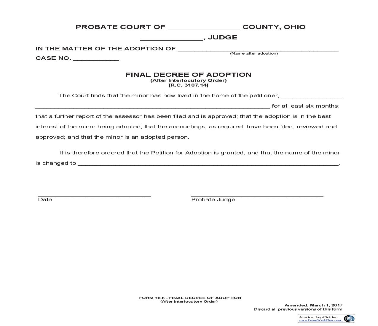 Final Decree Of Adoption (After Interlocutory Order) {18.6} | Pdf Fpdf Doc Docx | Ohio