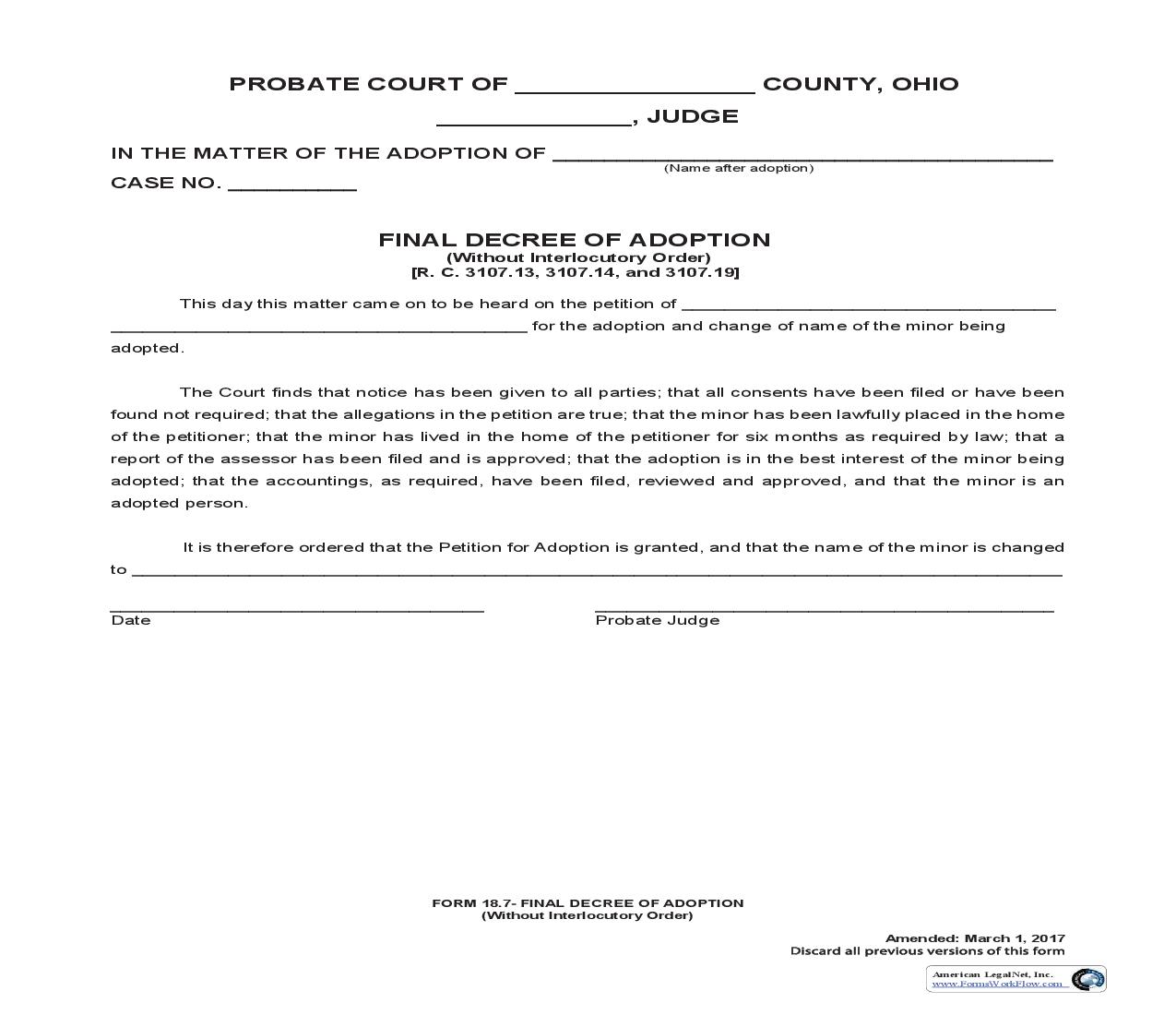 Final Decree Of Adoption (Without Interlocutory Order) {18.7} | Pdf Fpdf Doc Docx | Ohio