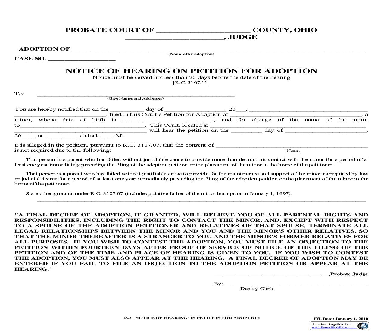 Notice Of Hearing On Petition For Adoption {18.2} | Pdf Fpdf Doc Docx | Ohio