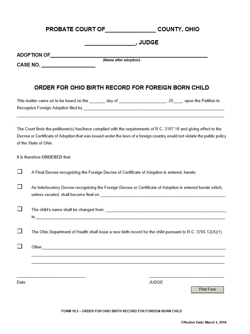 Order For Ohio Birth Record For Foreign Born Child {19.3} | Pdf Fpdf Docx | Ohio
