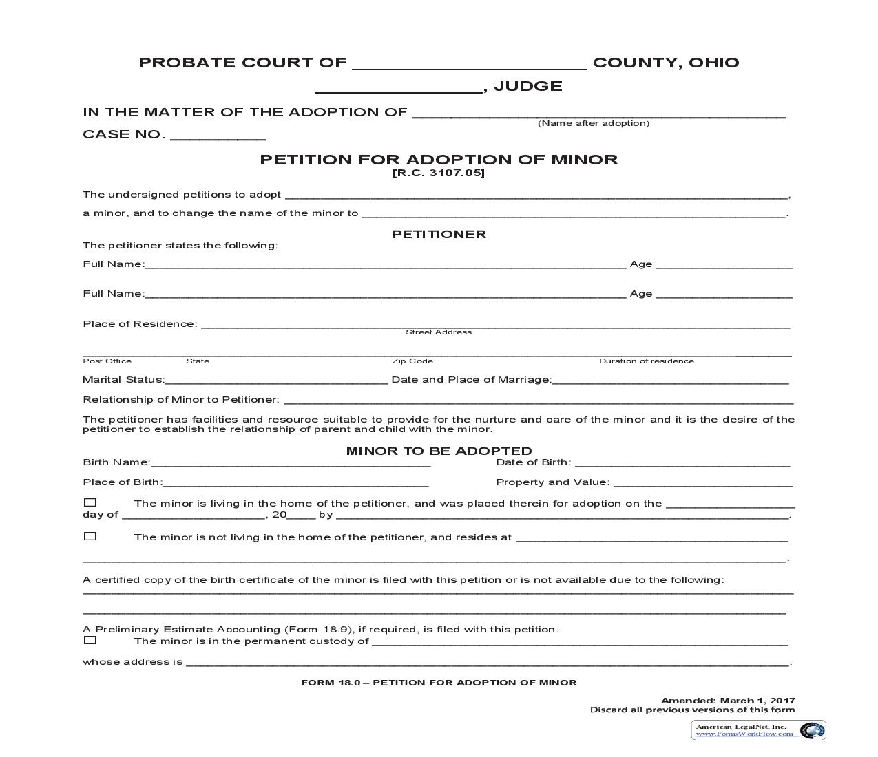 Petition For Adoption Of Minor {18.0} | Pdf Fpdf Doc Docx | Ohio