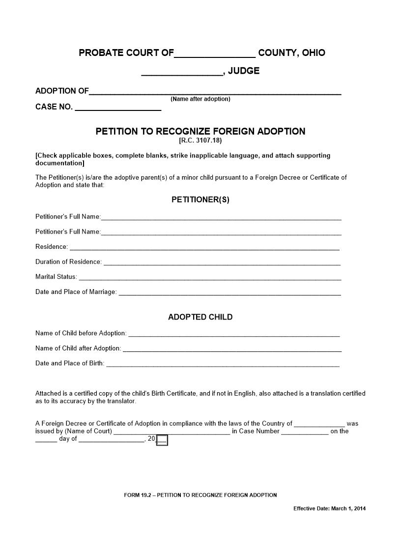 Petition To Recognize Foreign Adoption {19.2} | Pdf Fpdf Docx | Ohio