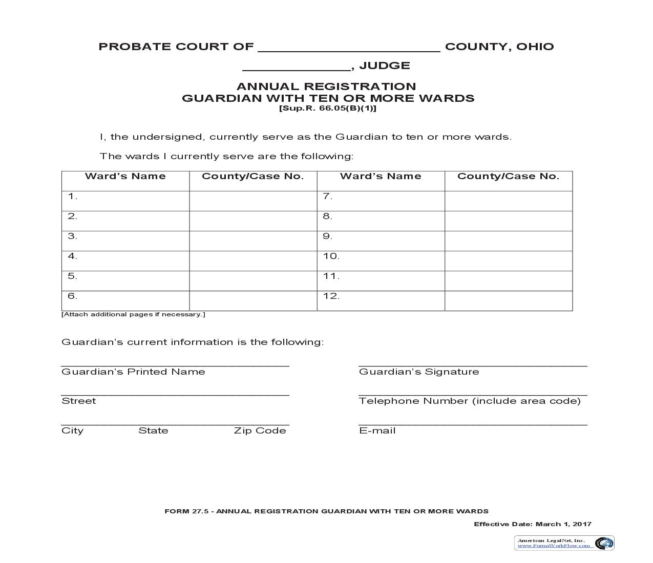 Annual Registration Guardian With Ten Or More Wards {27.5} | Pdf Fpdf Doc Docx | Ohio