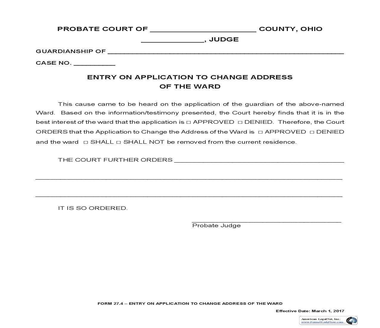 Entry On Application To Change Address Of The Ward {27.4} | Pdf Fpdf Doc Docx | Ohio
