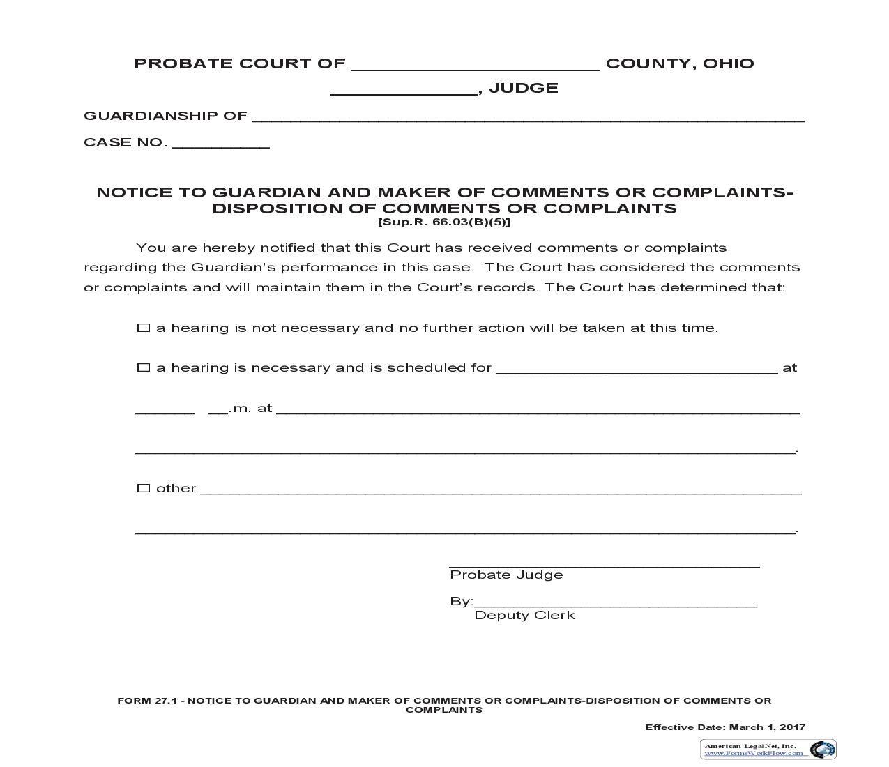 Notice To Guardian And Maker Of Comments Or Complaints {27.1} | Pdf Fpdf Doc Docx | Ohio