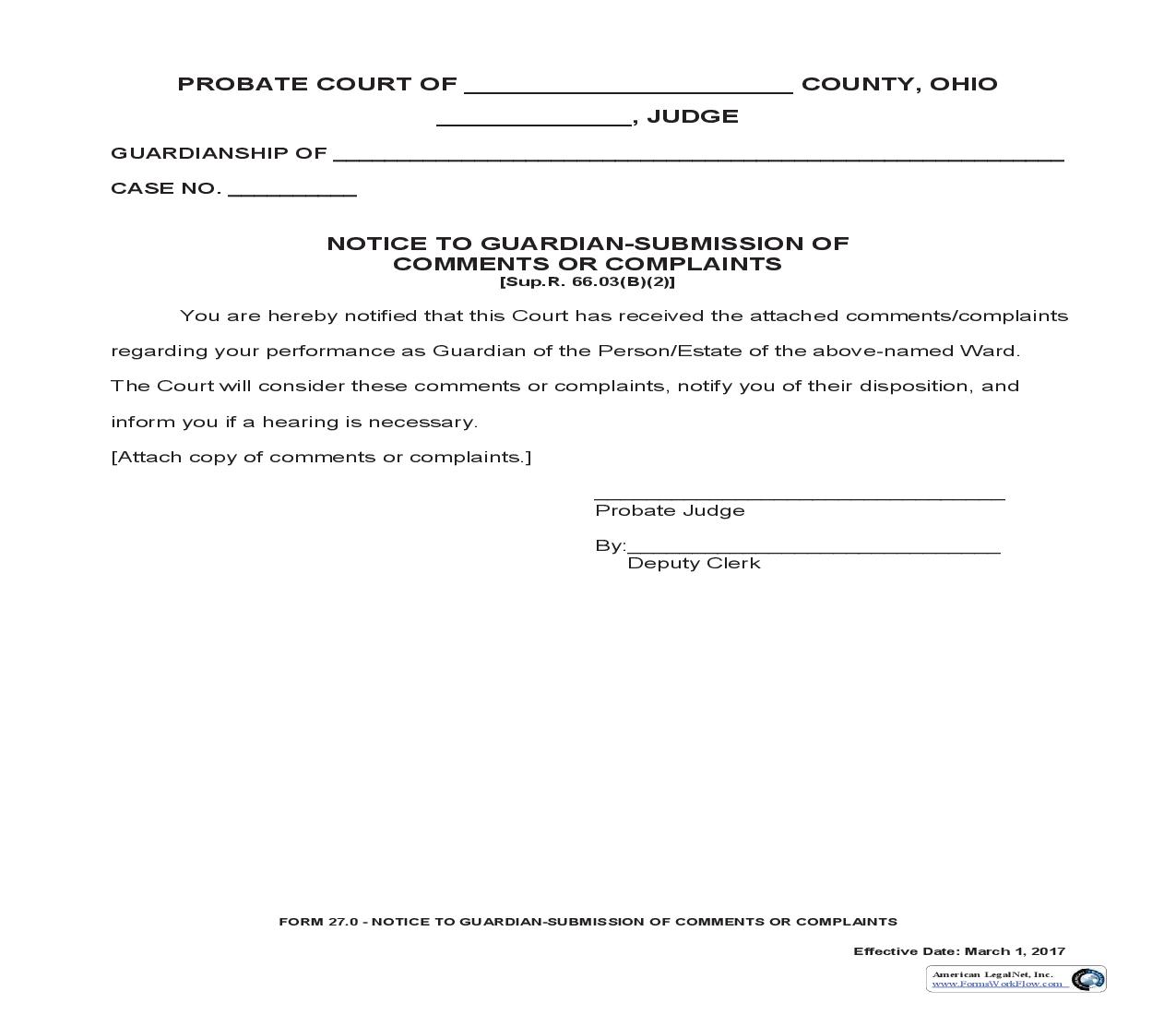 Notice To Guardian Submission Of Comments Or Complaints {27.0} | Pdf Fpdf Doc Docx | Ohio