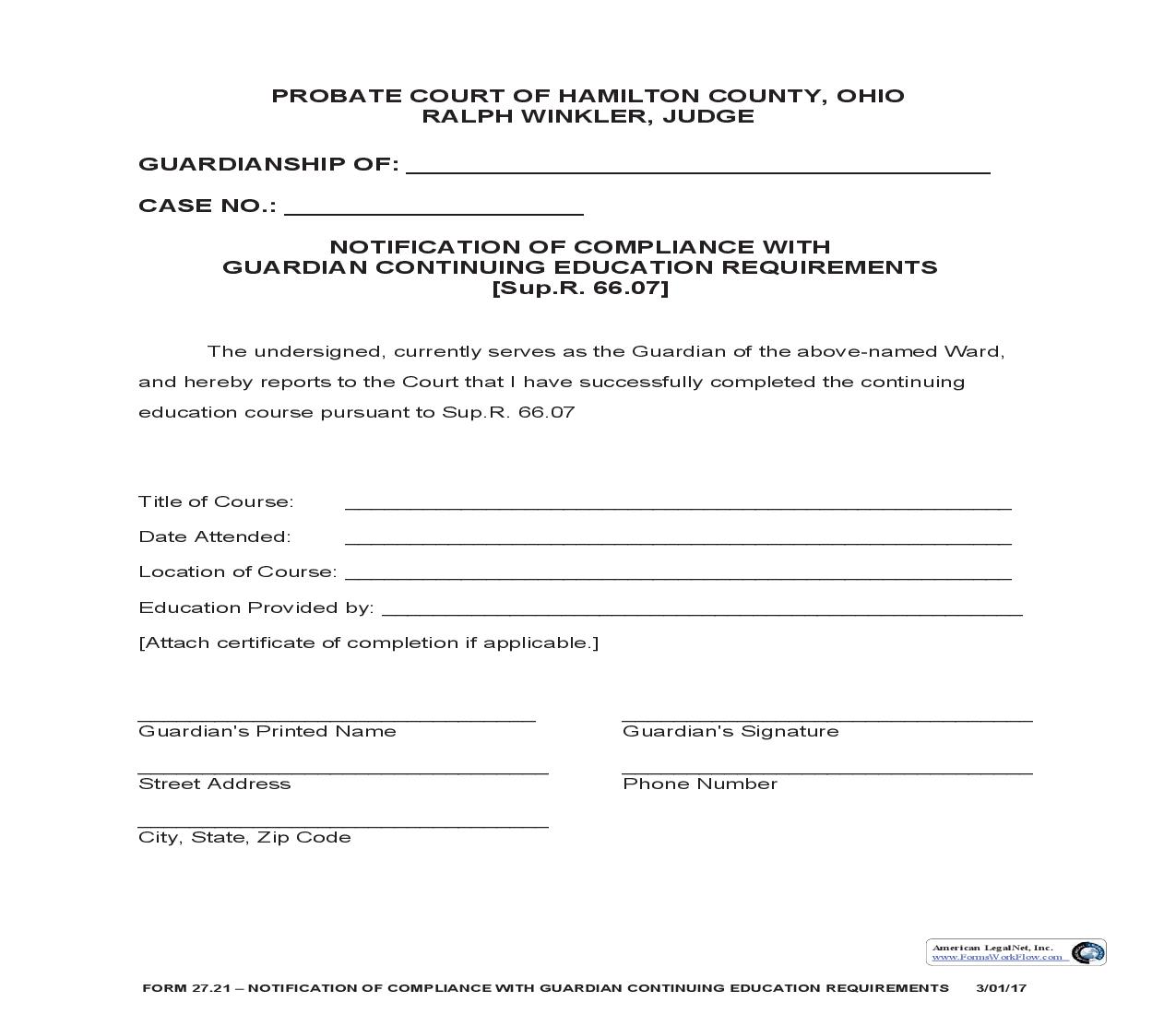 Notification Of Compliance With Guardian Continuing Education Requirements {27.21} | Pdf Fpdf Doc Docx | Ohio