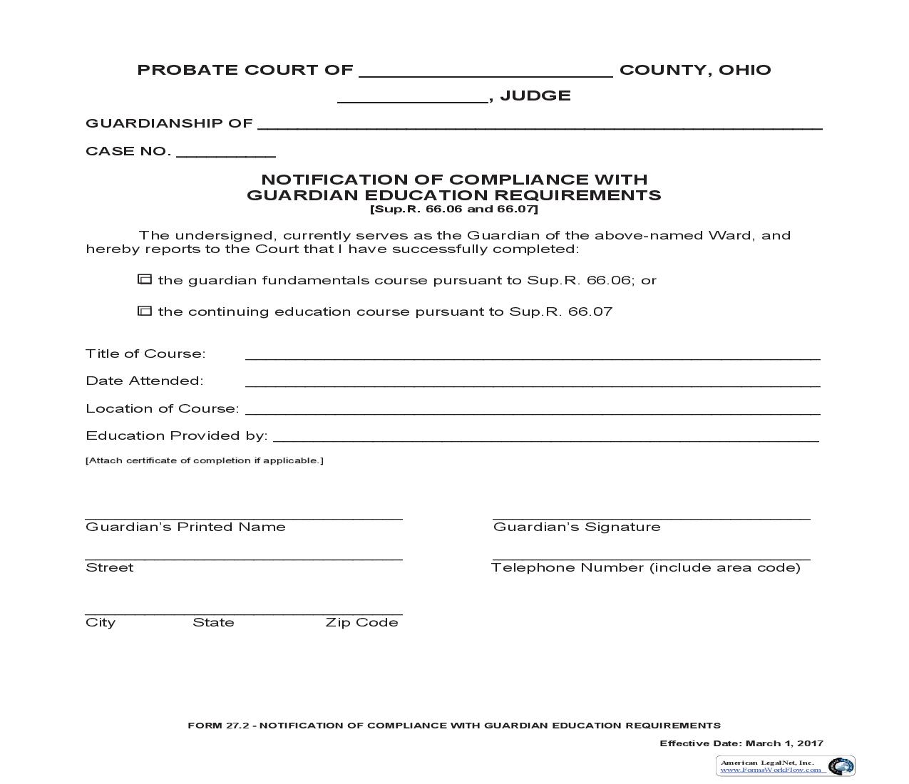 Notification Of Compliance With Guardian Education Requirements {27.2} | Pdf Fpdf Doc Docx | Ohio