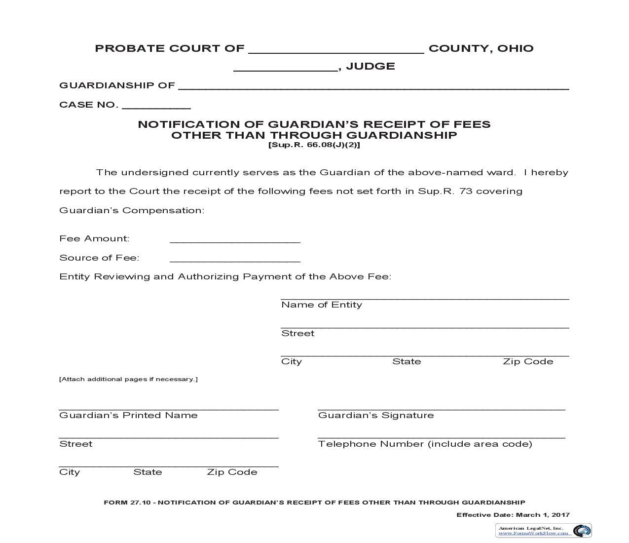 Notification Of Guardians Receipt Of Fees Other Than Through Guardianship {27.10} | Pdf Fpdf Doc Docx | Ohio
