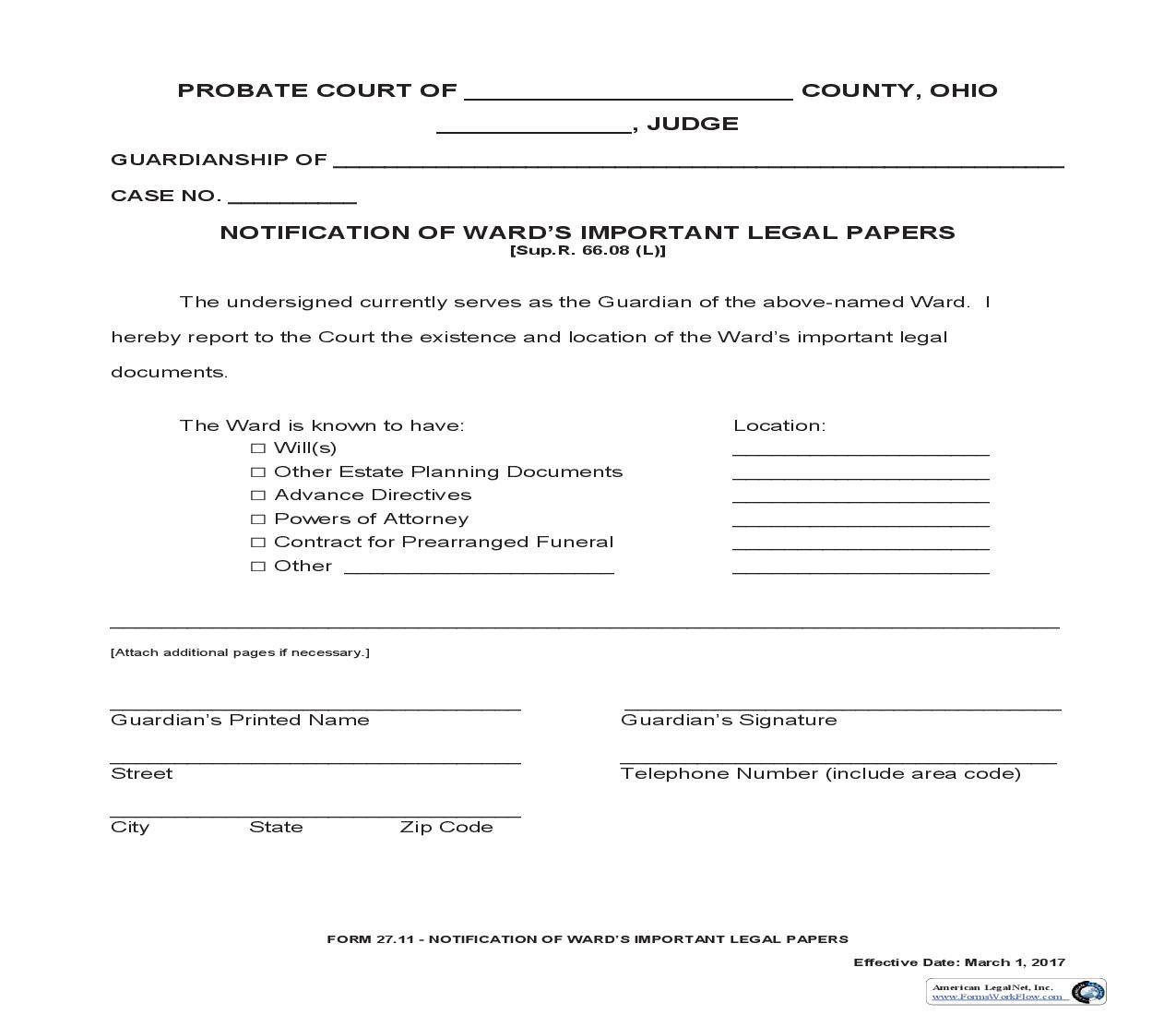 Notification Of Wards Import Legal Papers {27.11} | Pdf Fpdf Doc Docx | Ohio
