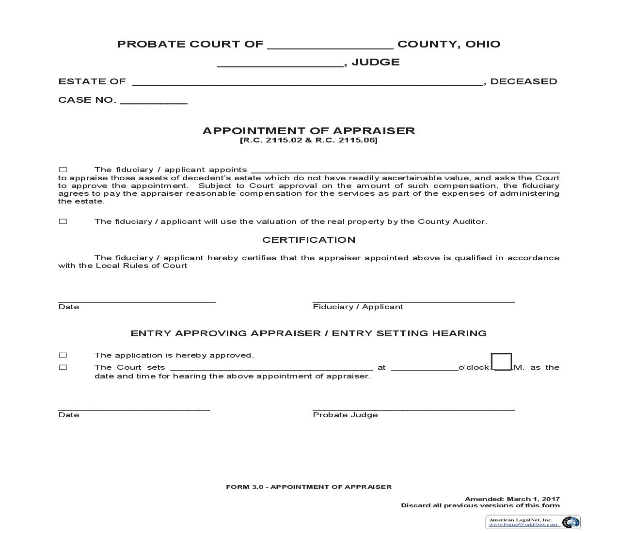 Appointment Of Appraiser {3.0} | Pdf Fpdf Doc Docx | Ohio