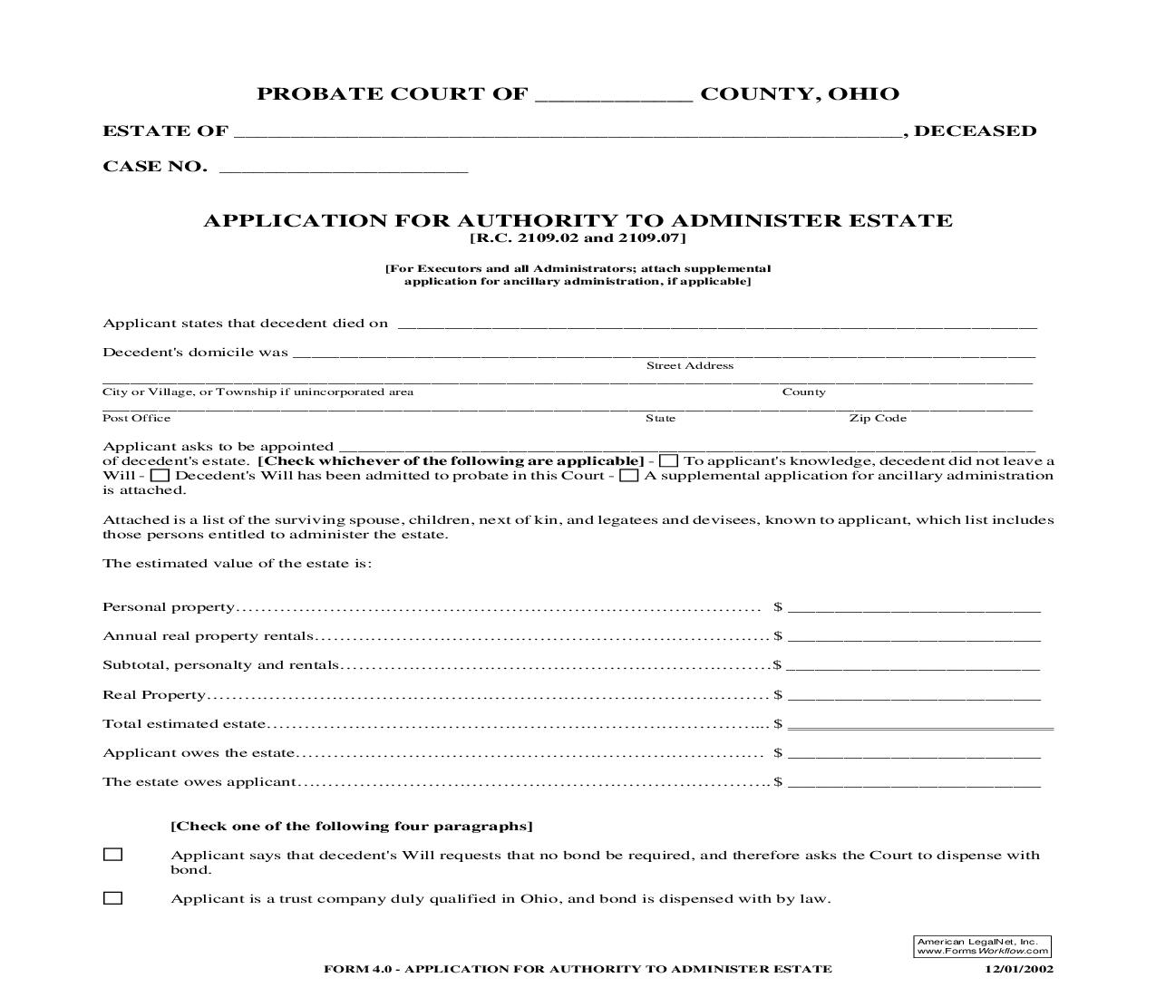 Application For Authority To Administer Estate {4.0} | Pdf Fpdf Doc Docx | Ohio