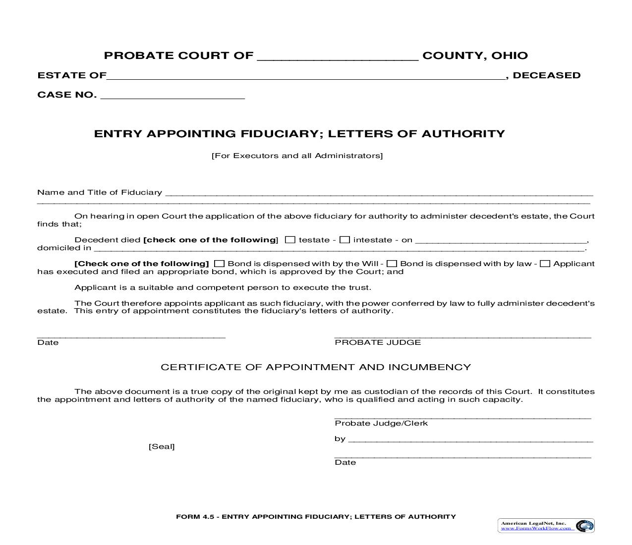 Entry Appointing Fiduciary Letters Of Authority {4.5} | Pdf Fpdf Doc Docx | Ohio