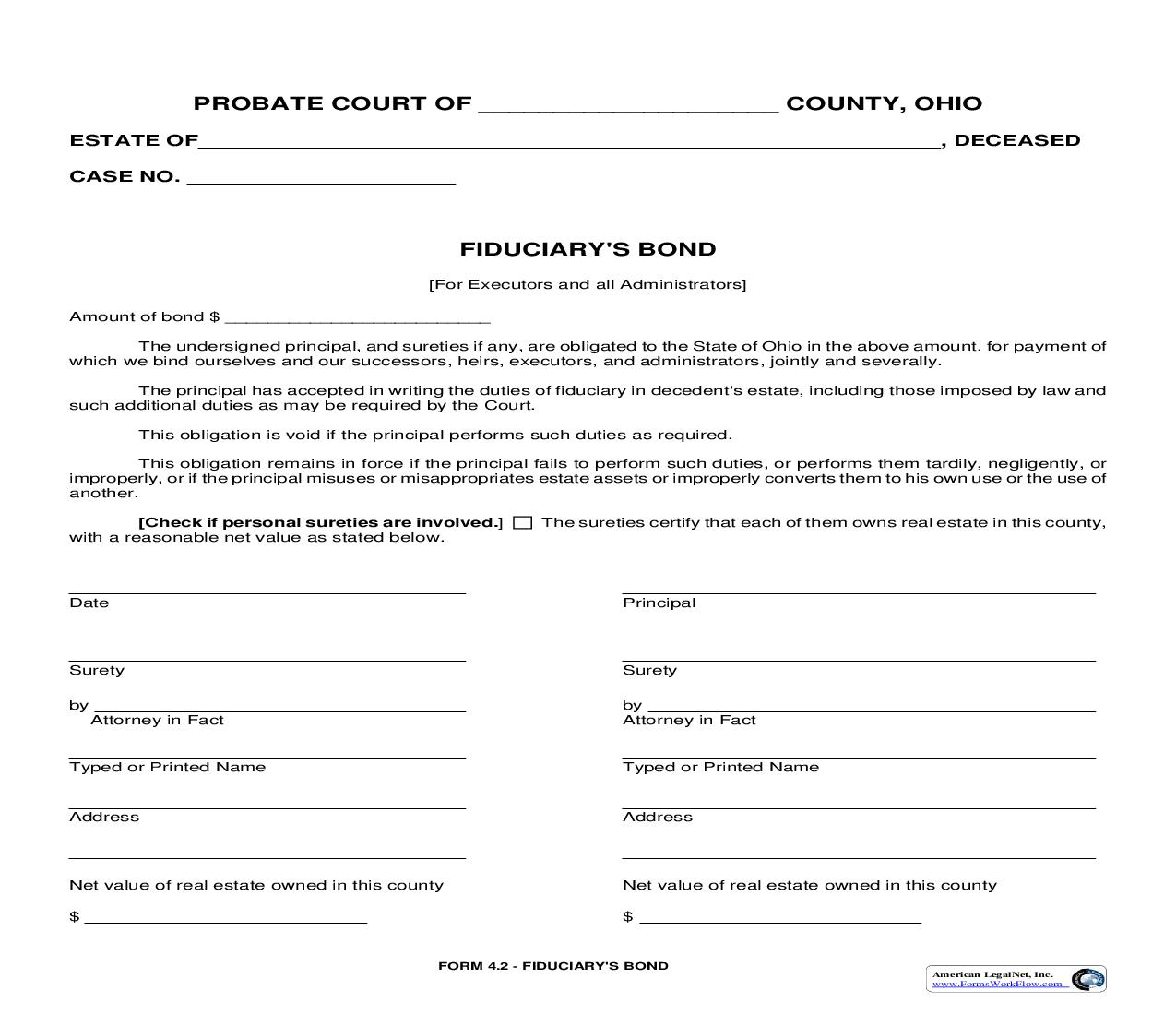 Fiduciarys Bond (For Executors And All Administrators) {4.2} | Pdf Fpdf Doc Docx | Ohio