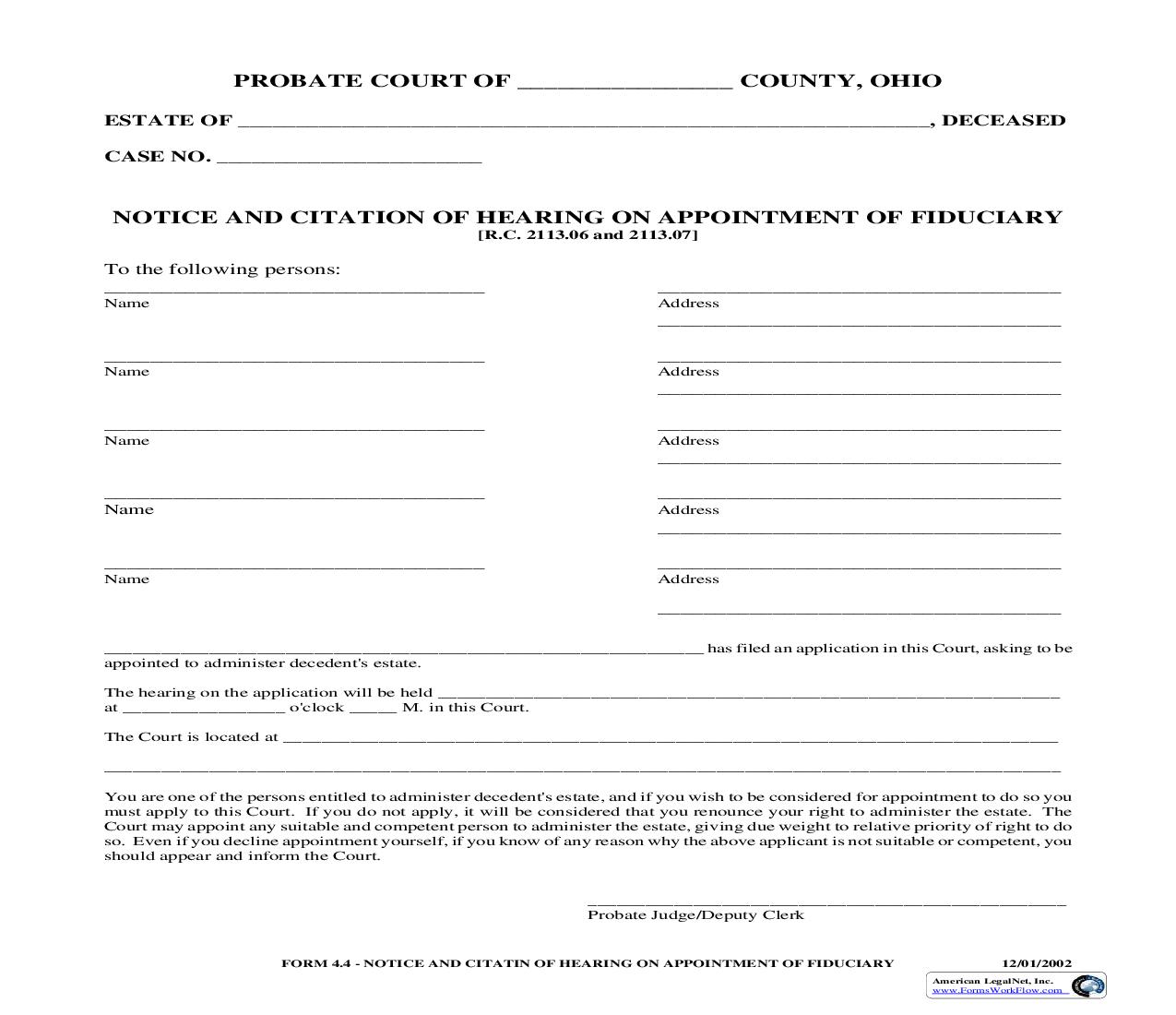 Notice And Citation Of Hearing On Appointment Of Fiduciary {4.4} | Pdf Fpdf Doc Docx | Ohio