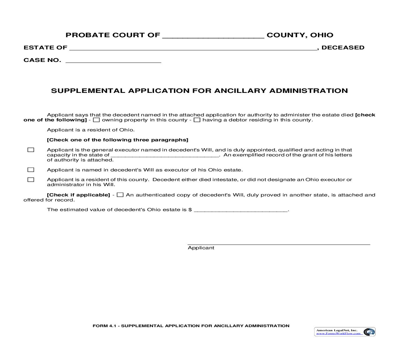 Supplemental Application For Ancillary Administration {4.1} | Pdf Fpdf Doc Docx | Ohio