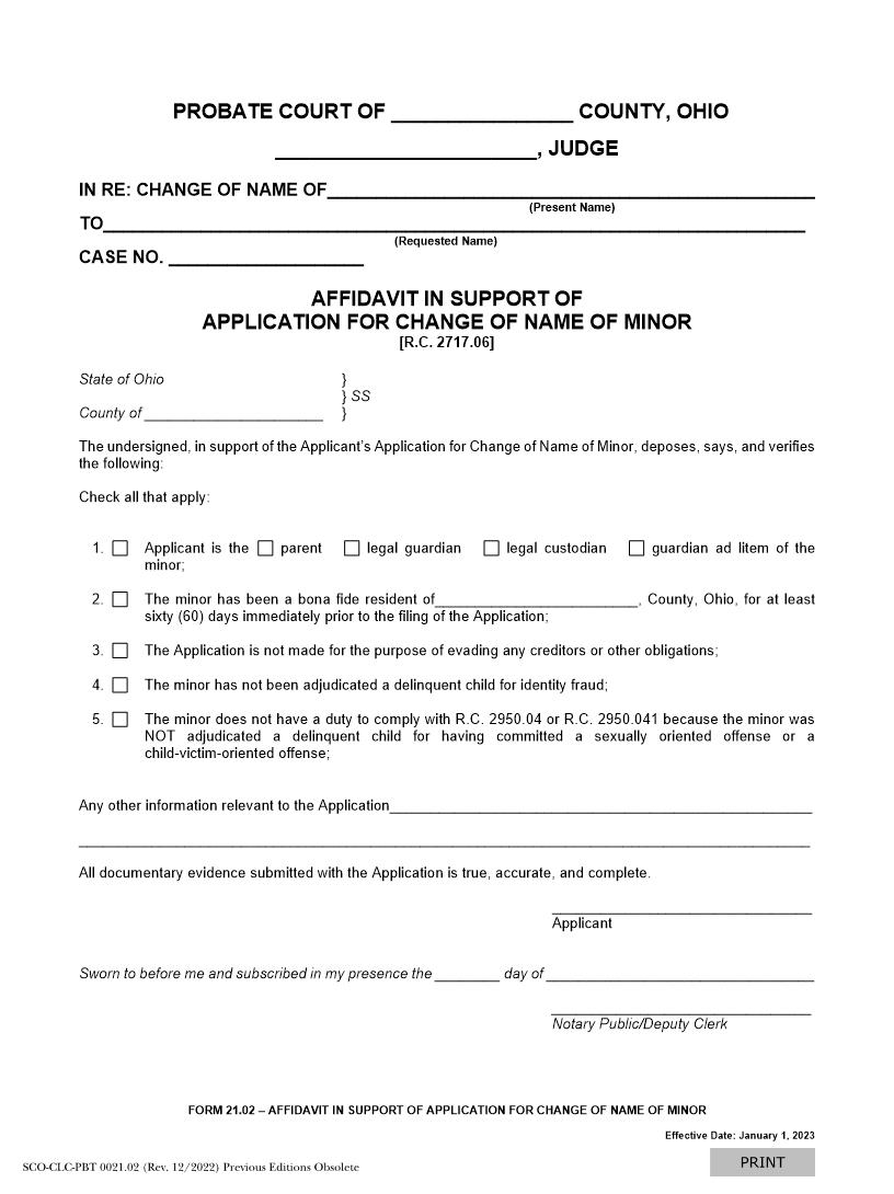 Affidavit In Support Of Application For Change Of Name Of Minor {21.02} | Pdf Fpdf Docx | Ohio