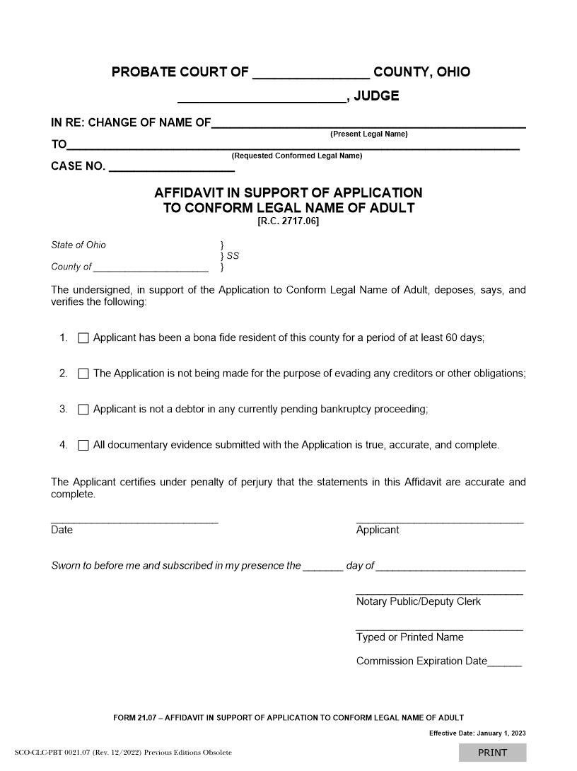 Affidavit In Support Of Application To Conform Legal Name Of Adult {21.07} | Pdf Fpdf Docx | Ohio