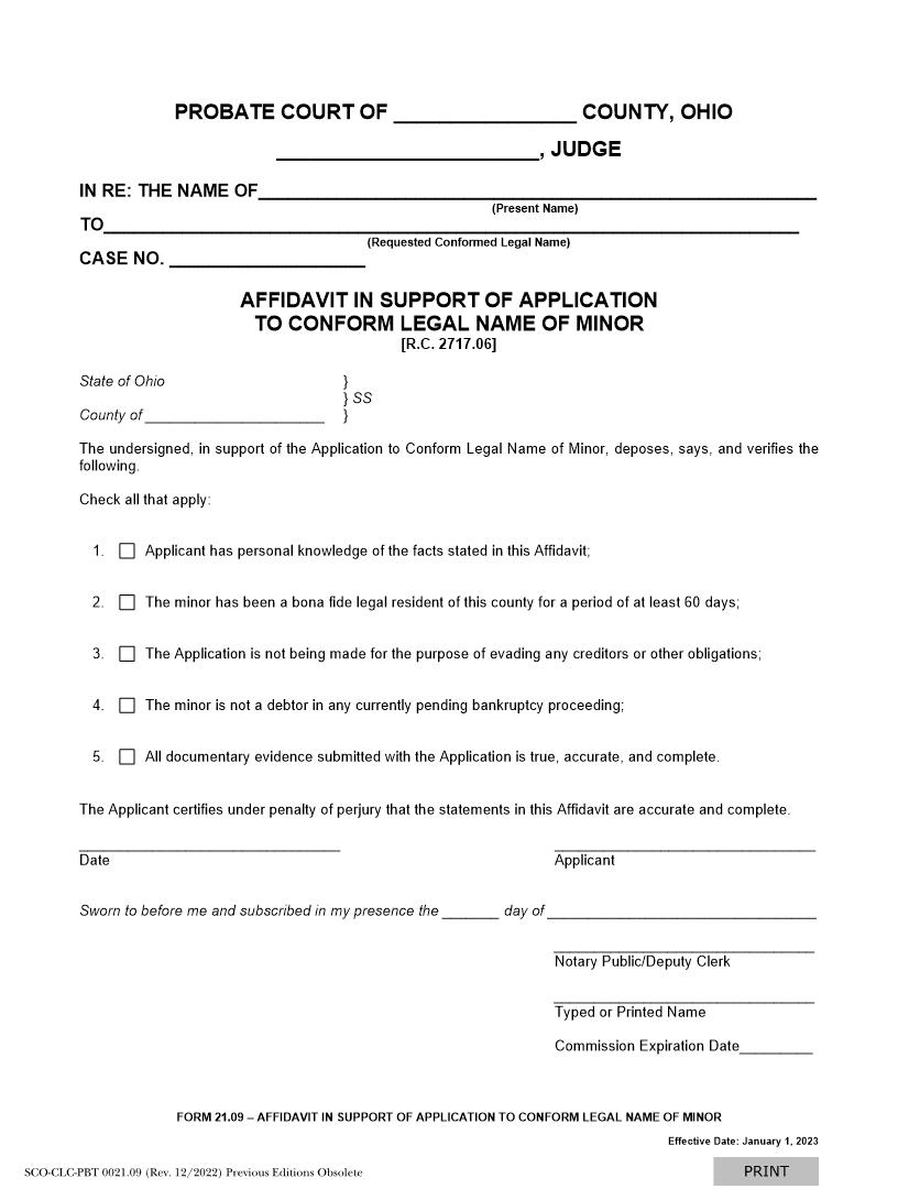 Affidavit In Support Of Application To Conform Legal Name of Minor {21.09} | Pdf Fpdf Docx | Ohio