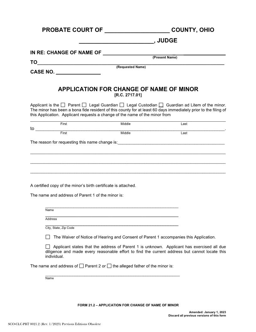 Application For Change Of Name Of Minor {21.2} | Pdf Fpdf Doc Docx | Ohio
