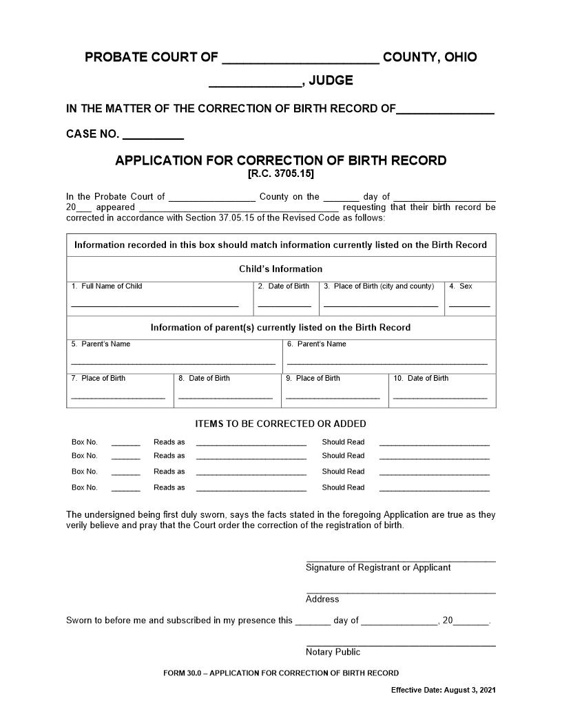 Application For The Correction Of Birth Record {30.0} | Pdf Fpdf Docx | Ohio
