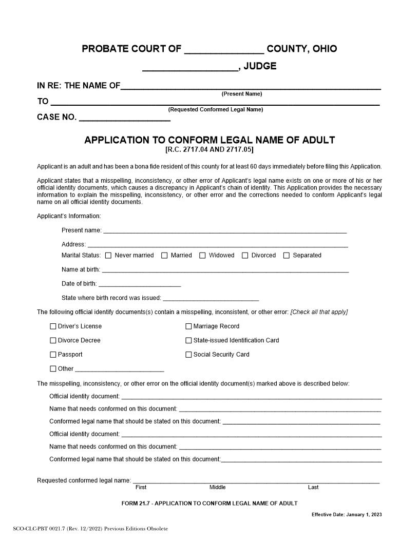 Application To Conform Legal Name Of Adult {21.7} | Pdf Fpdf Docx | Ohio