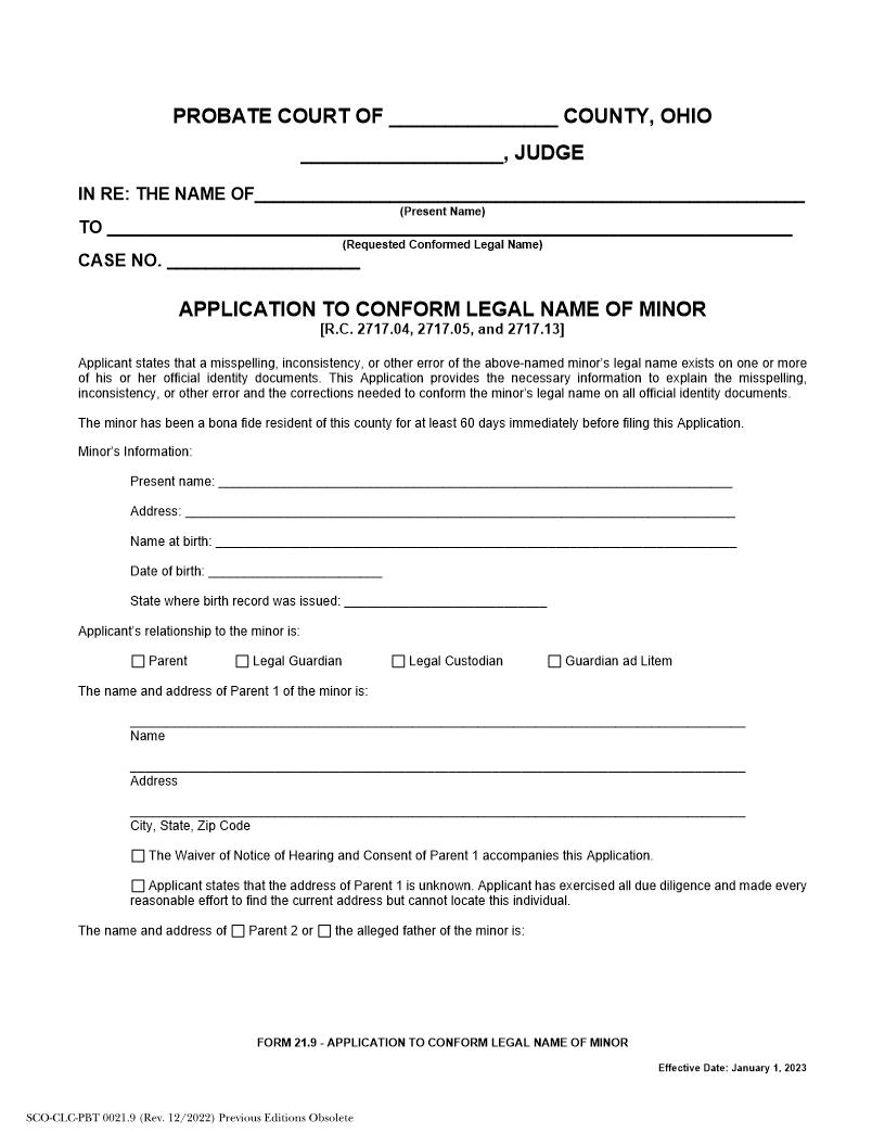 Application To Conform Legal Name Of Minor {21.9} | Pdf Fpdf Docx | Ohio