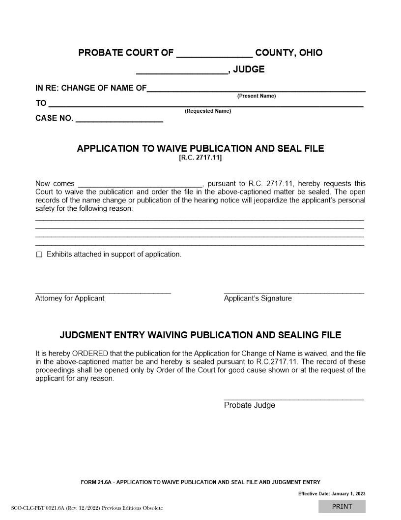 Application To Waive Publication And Seal File {21.6A} | Pdf Fpdf Docx | Ohio